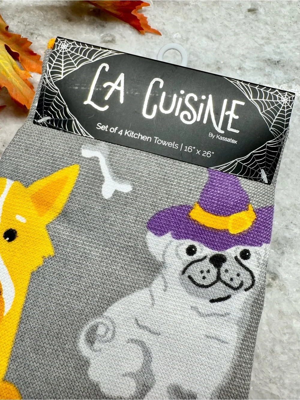 New Kassatex Halloween Pug, Corgi, Bulldog, Dog Kitchen Towels 4Pc Set 26 x 16”